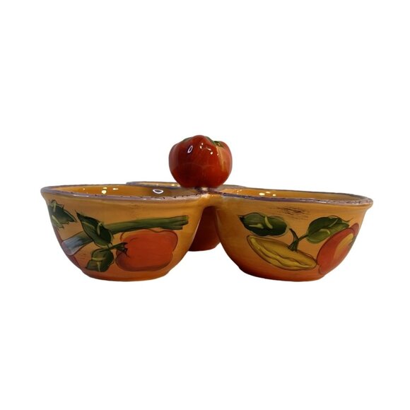 Clay Art TriBowl Tomato Topper Condiment Holder Handpaint Fruit & Veggie Design - Picture 3 of 9
